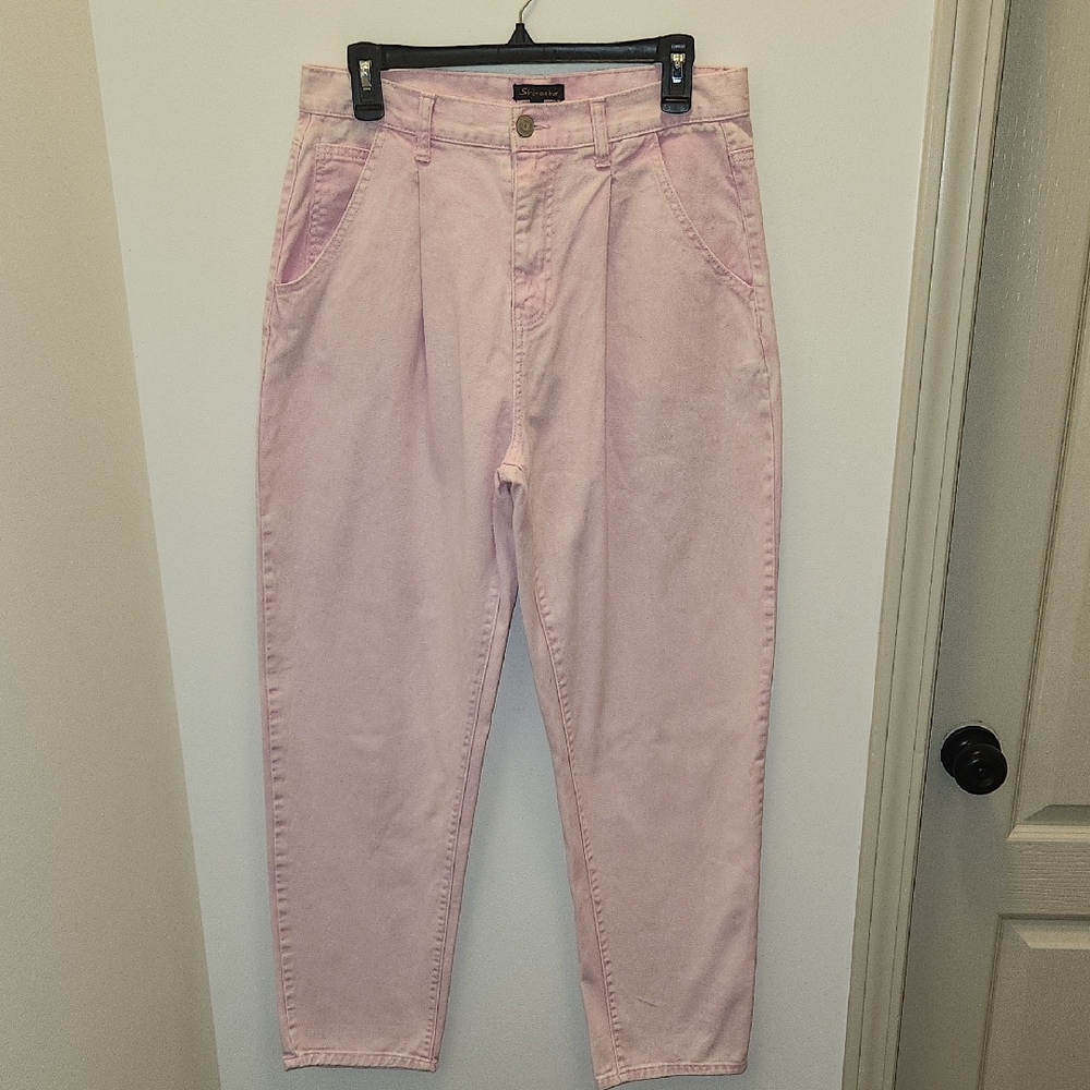 Shinestar 100%Cotton Bleached Pink HighRise Pleated Mom Jeans Size Lg 28" Inseam